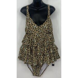 Nicole Miller Tier Tankini Swimsuit Women Plus Size 1X Cheetah Brown NWT New B88